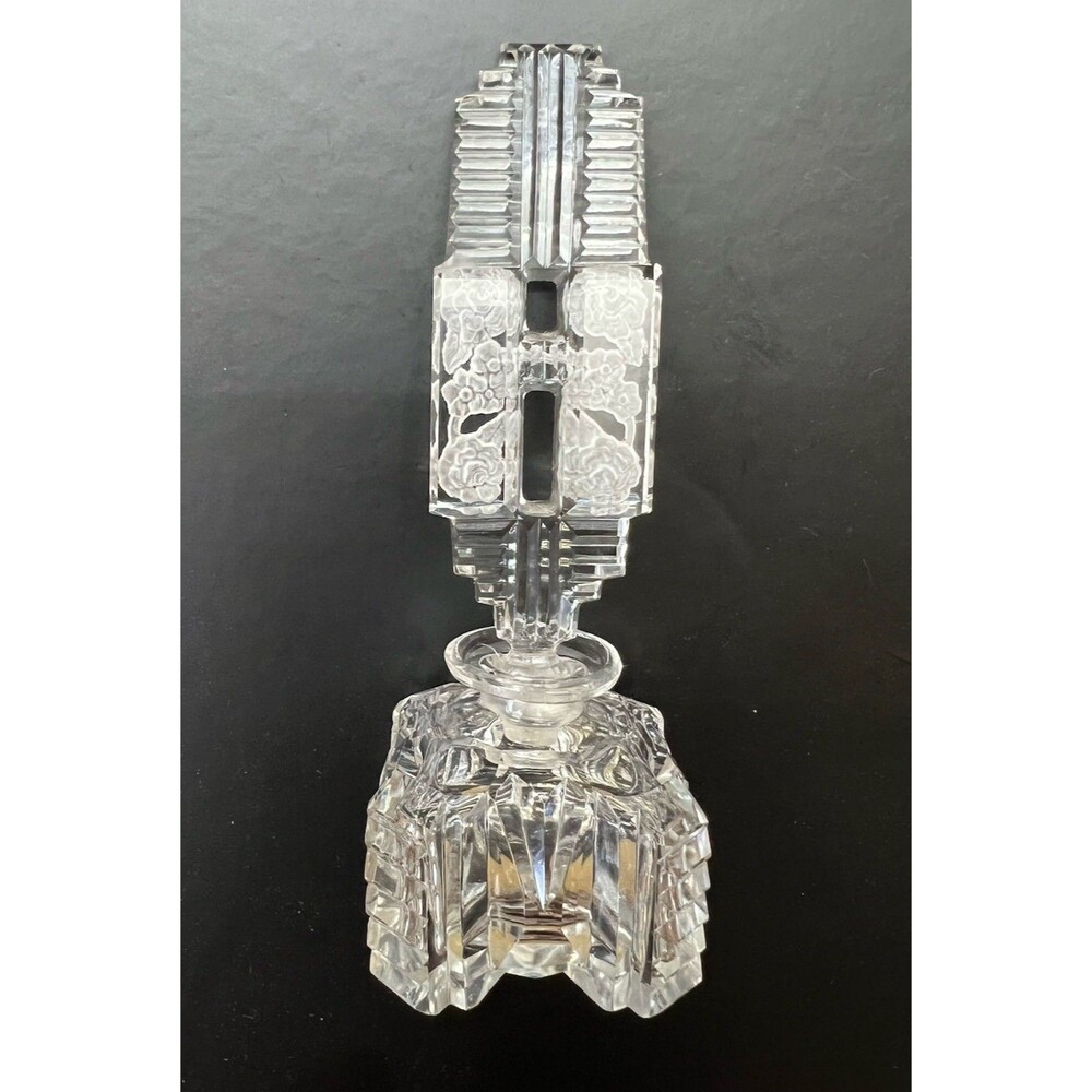 Irice Clear Cut Glass Perfume Bottle Floral Stopper circa 1930 Czechosovakia